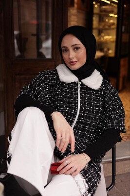 Esra Keküllüoğlu - Kadın Yeni Panço Takım Kırçıllı-Beyaz