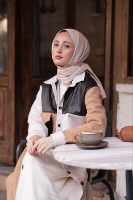Kadın Patchwork Siyah Derili Gömlek-Bej - Thumbnail