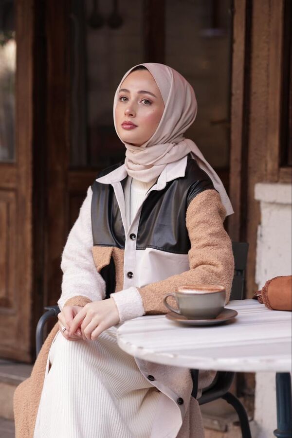 Kadın Patchwork Siyah Derili Gömlek-Bej