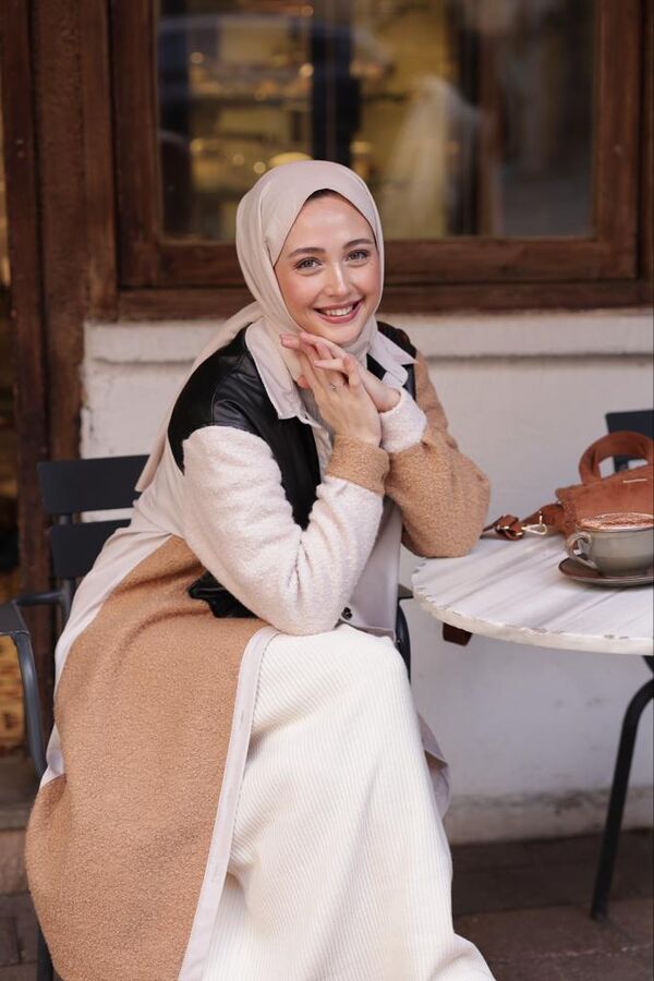 Kadın Patchwork Siyah Derili Gömlek-Bej