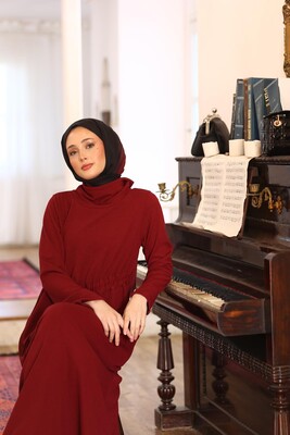 Kadın Selanik Beli Büzgülü Elbise-Bordo - Thumbnail