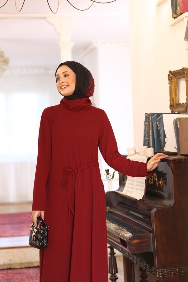 Kadın Selanik Beli Büzgülü Elbise-Bordo