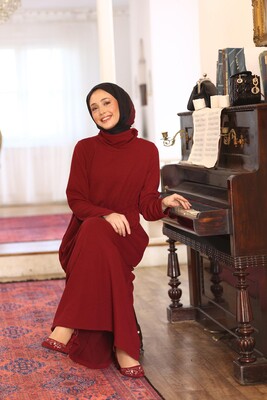Kadın Selanik Beli Büzgülü Elbise-Bordo - Thumbnail