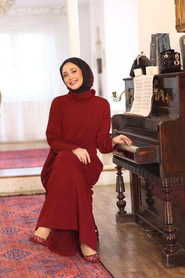Kadın Selanik Beli Büzgülü Elbise-Bordo