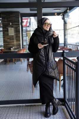 Kadın Kayra Kısa Kap-Siyah - Thumbnail