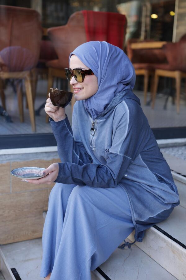 Kadın Işıl Kapşonlu Tunik-Mavi