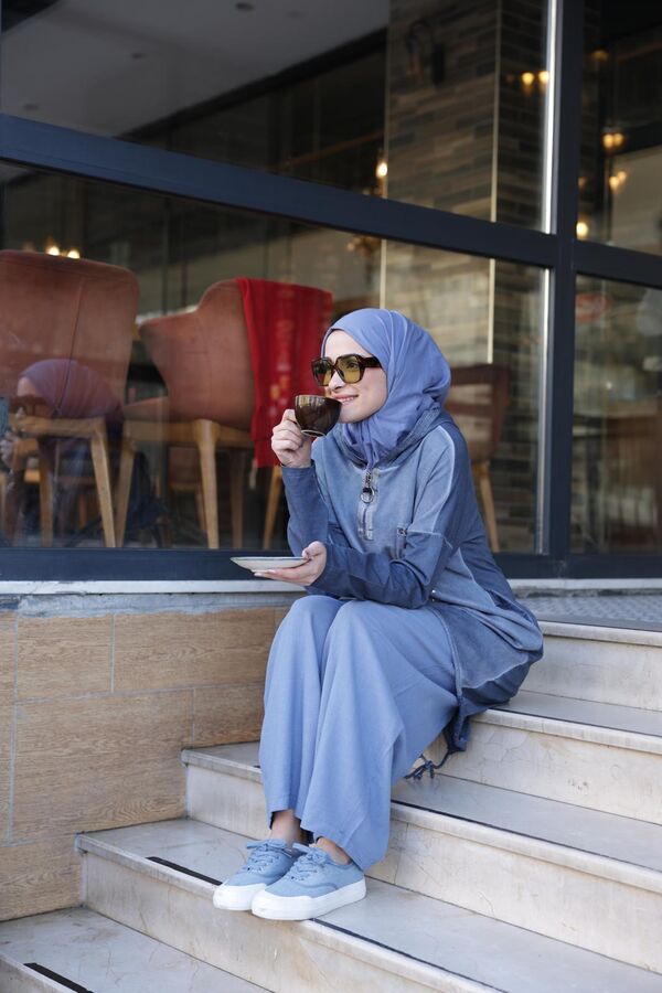 Kadın Işıl Kapşonlu Tunik-Mavi