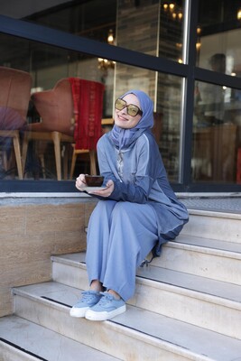 Kadın Işıl Kapşonlu Tunik-Mavi - Thumbnail