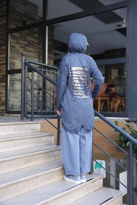 Kadın Işıl Kapşonlu Tunik-Mavi - Thumbnail