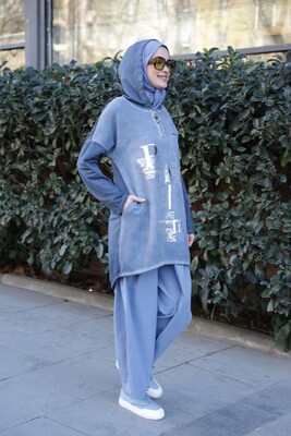 Kadın Işıl Kapşonlu Tunik-Mavi - Thumbnail