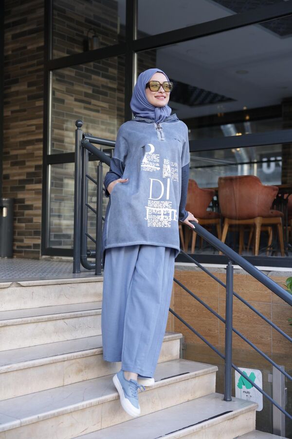 Kadın Işıl Kapşonlu Tunik-Mavi