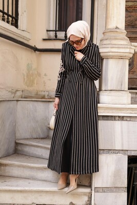 Kadın Vizon Çizgili Ceket Elbise-Siyah - Thumbnail