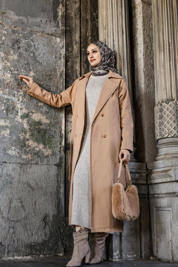 Kadın Yıkamalı Gabardin Trençkot-Camel