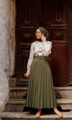 Esra Keküllüoğlu - Kemerli Piliseli Etek - Haki