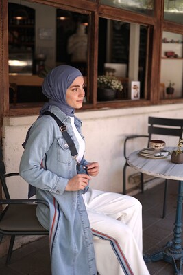 Esra Keküllüoğlu - Kadın Denim Düğmeli Trenç Elbise-Mavi