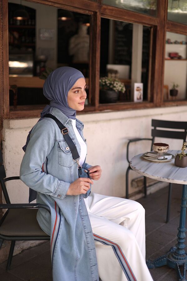 Kadın Denim Düğmeli Trenç Elbise-Mavi