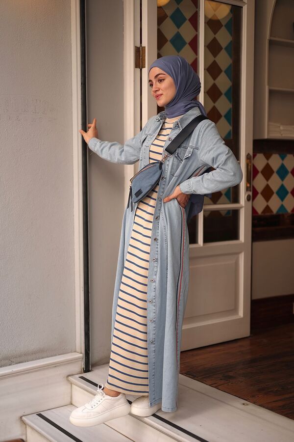 Kadın Denim Düğmeli Trenç Elbise-Mavi