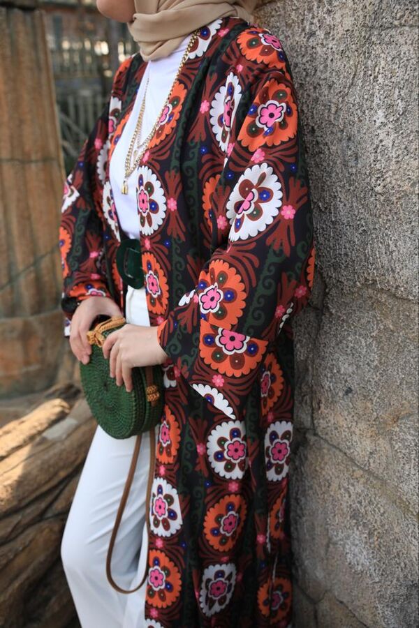 Nalan Çiçekli Kimono-Siyah