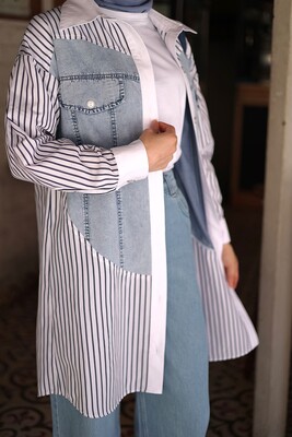 Kadın Kot Cepli Poplin Tunik-Açık Mavi - Thumbnail