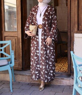 Yeni Kimono Yapraklı-Kahve - Thumbnail