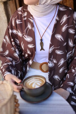 Yeni Kimono Yapraklı-Kahve - Thumbnail