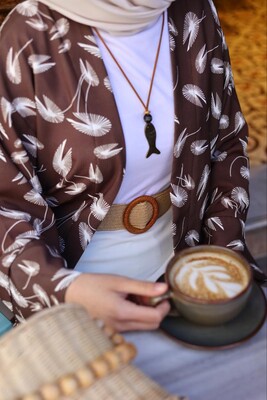 Yeni Kimono Yapraklı-Kahve - Thumbnail
